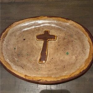 Handcrafted Ceramic Rustic Glaze Cross Pottery Plate 13”x10”
